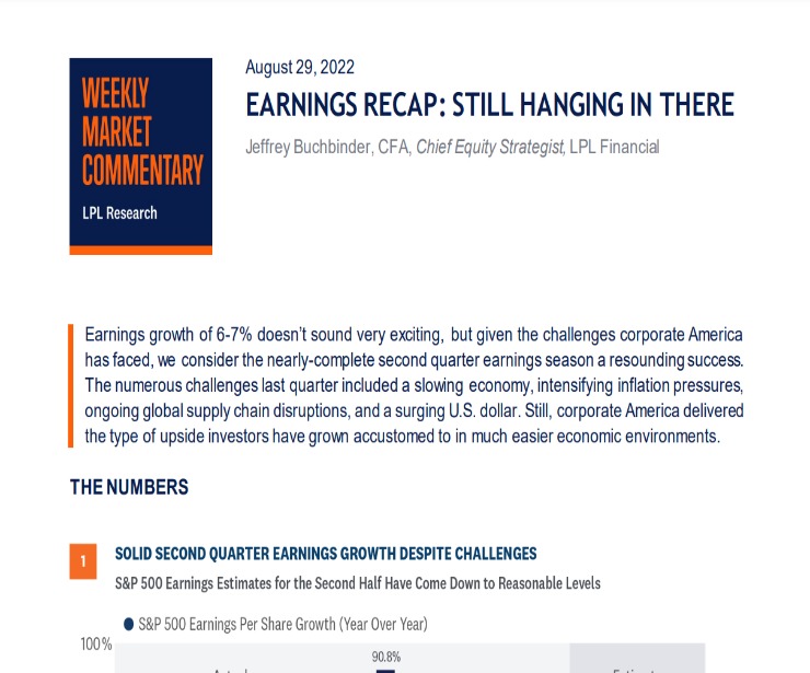Earnings Recap: Still Hanging in There | Weekly Market Commentary | August 29, 2022